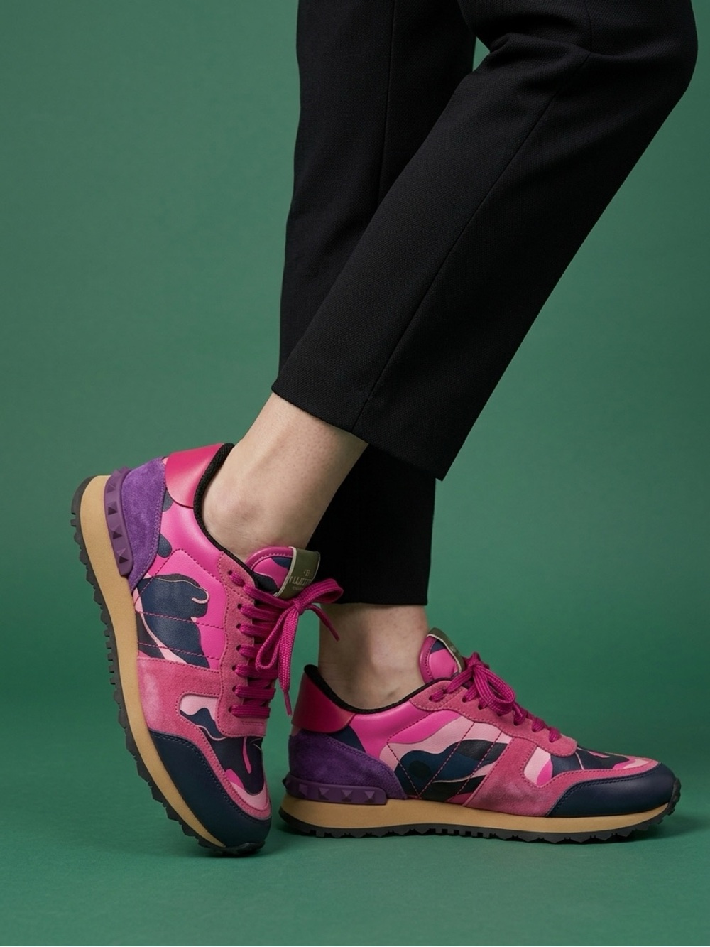 Valentino Garavani Pink, Purple and Navy Camouflage Detail Sneakers